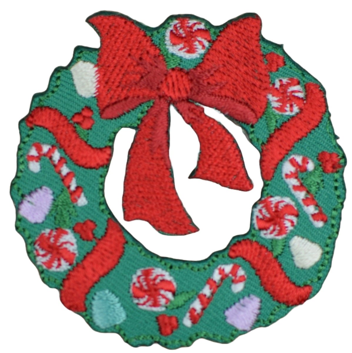 Christmas Wreath Embroidered Patch — Red Bow, Candy Canes 2.25" — Iron On