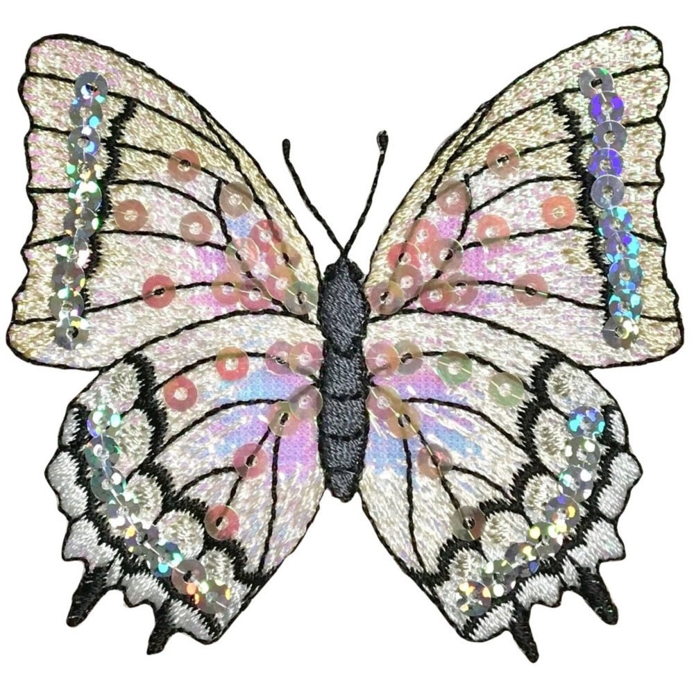 Butterfly Embroidered Patch — Sequin, White Insect Badge 3-1/8" — Iron On