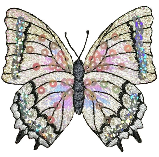 Butterfly Embroidered Patch — Sequin, White Insect Badge 3-1/8" — Iron On