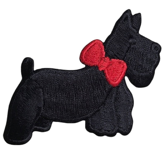 Scottie Embroidered Patch — Facing Right, Black Dog, Red Bow, Puppy 3" — Iron On