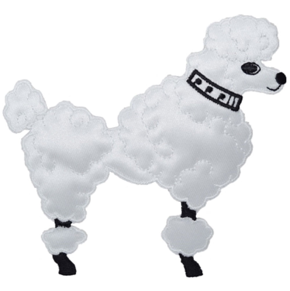 Medium Poodle Embroidered Patch — White Dog Facing Right, Sock Hop 4.75" — Iron On
