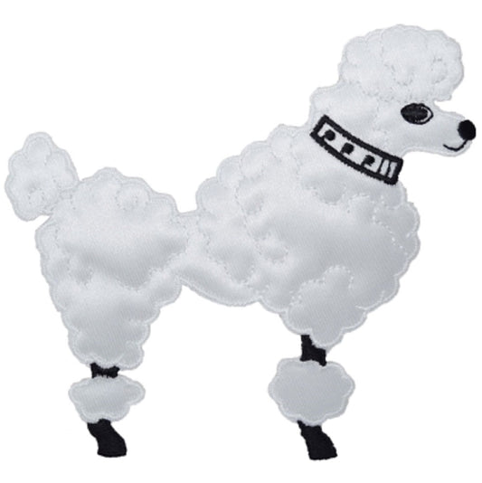 Medium Poodle Embroidered Patch — White Dog Facing Right, Sock Hop 4.75" — Iron On