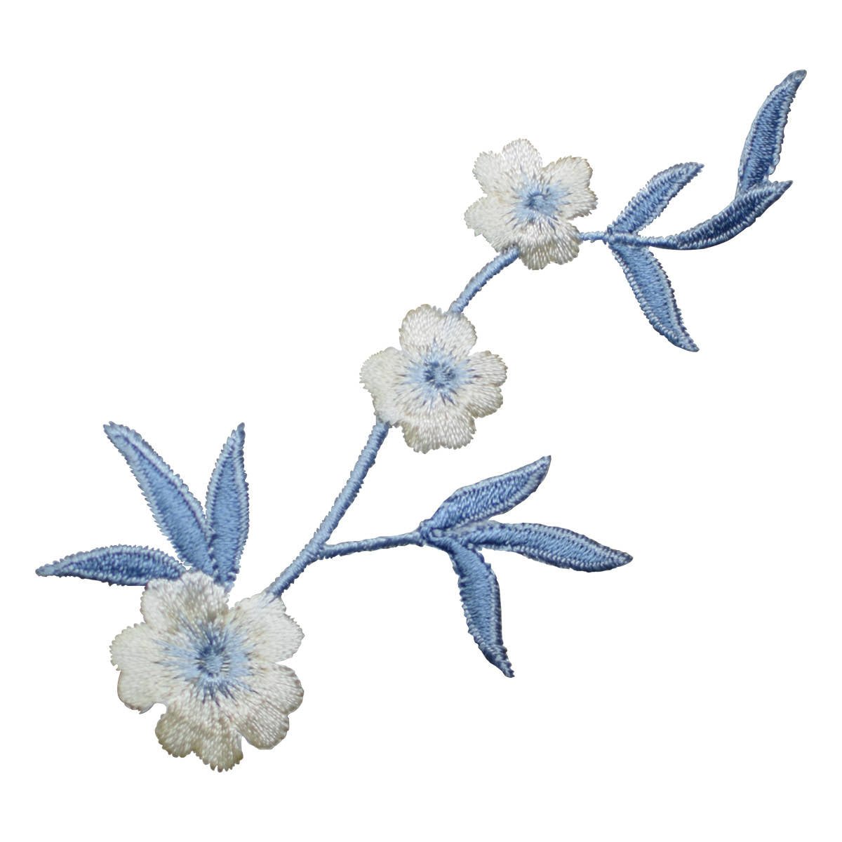 White flowers on blue stems, embroidered vine patch, 4-1/8 inches