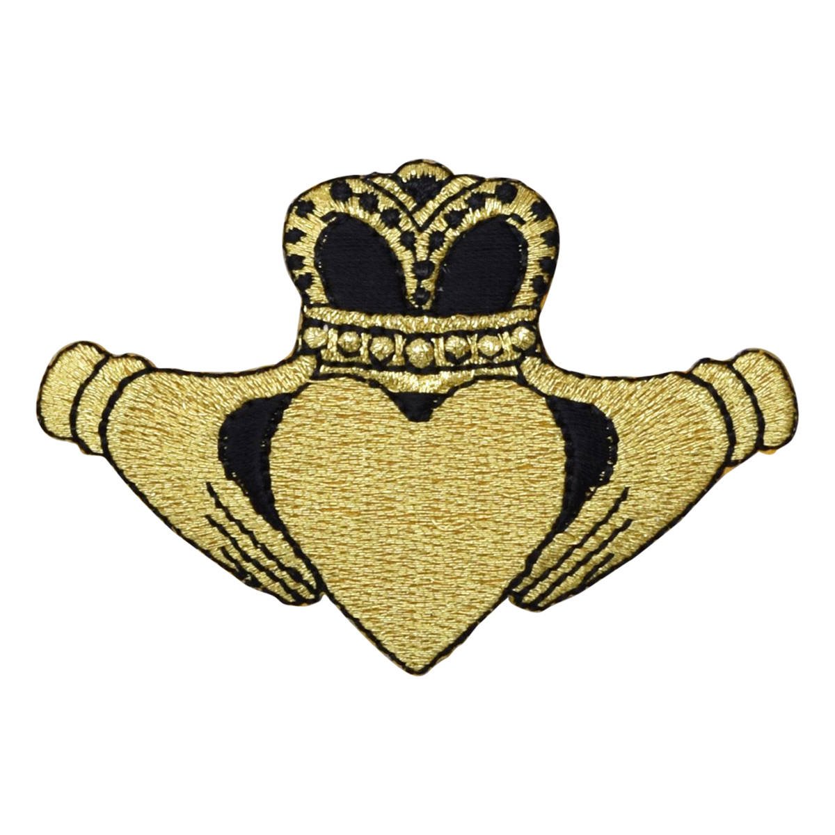 Claddagh Embroidered Patch — Metallic Gold, Heart, Love, Irish Badge 3" — Iron On