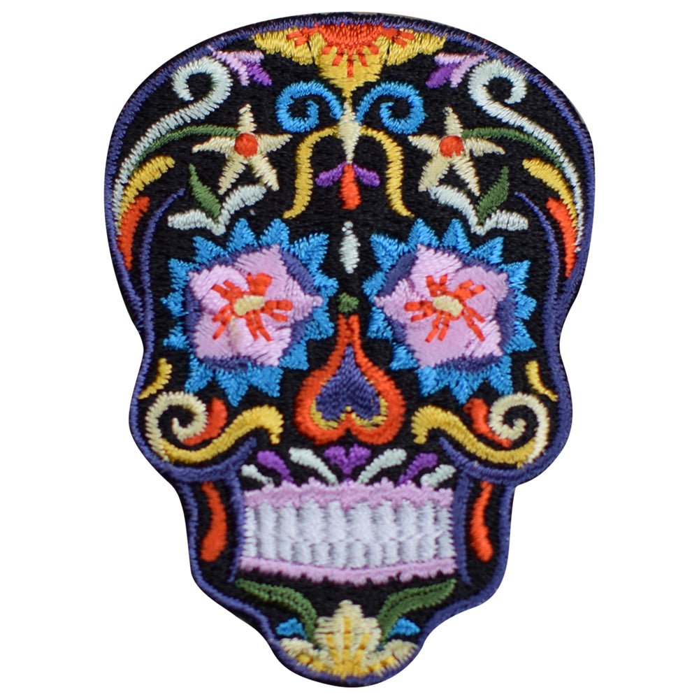 Sugar Skull Embroidered Patch — black — Iron On 2.75"
