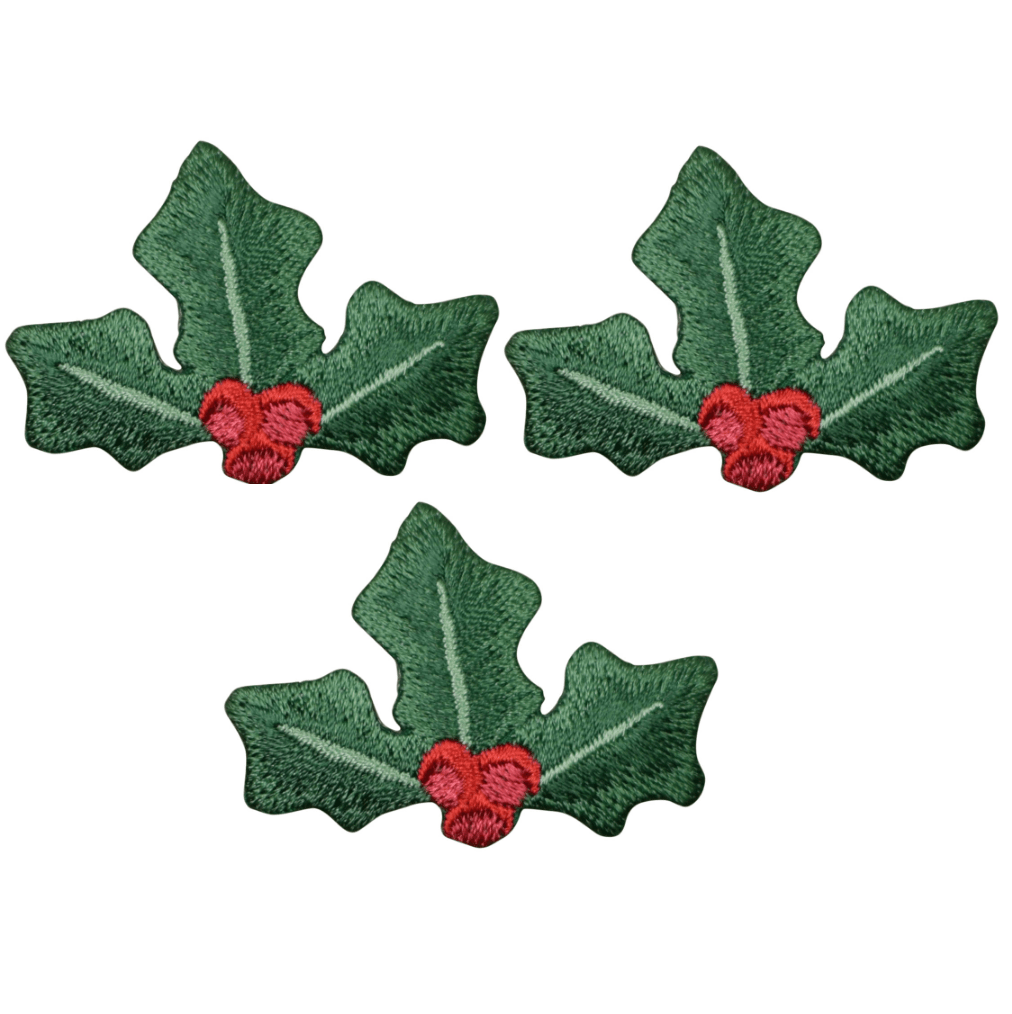 Christmas Holly Embroidered Patch — 3-Pack — Iron On 1.75"