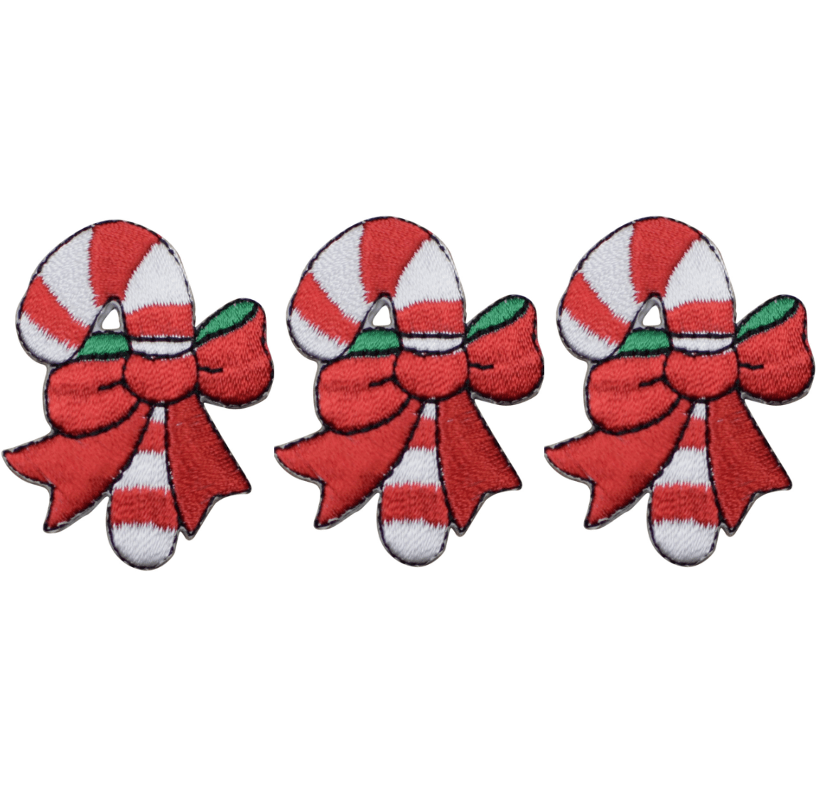 Candy Cane Embroidered Patch — 3-Pack — Christmas Treat, Red Bow 1.75" — Iron On
