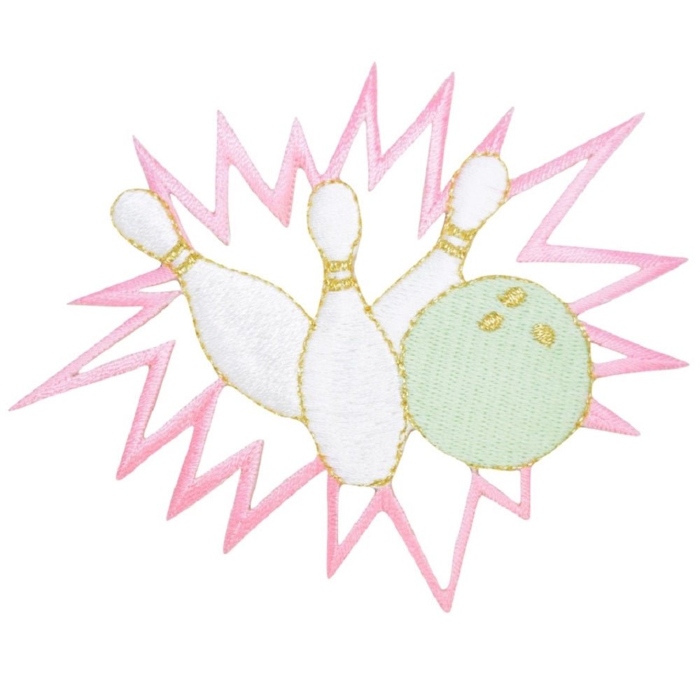 Bowling Embroidered Patch — pastel ball with pins crashing — Iron On 4"