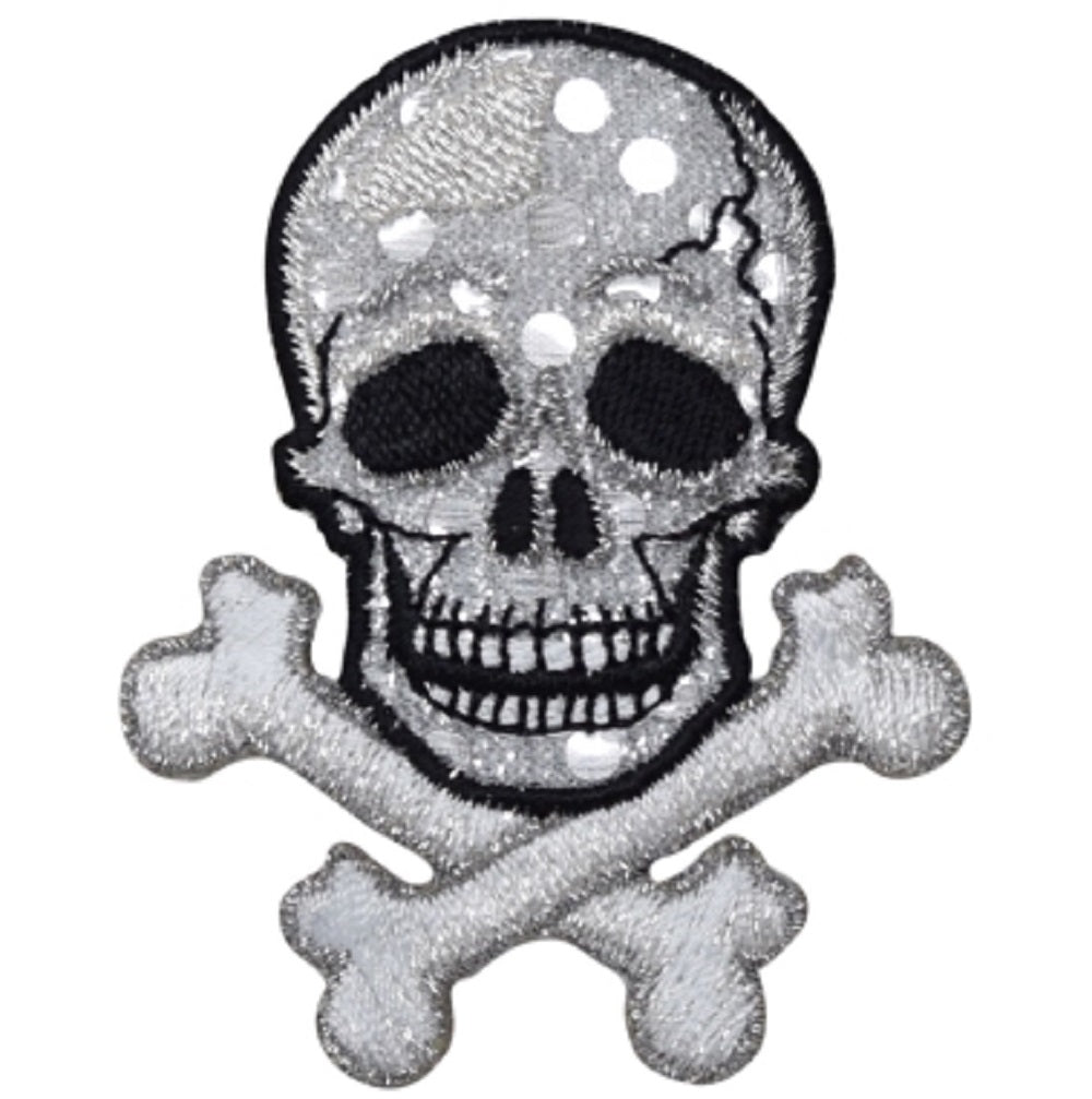 Skull Crossbones Embroidered Patch, Silver — Iron On 2.75"