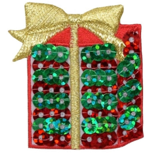 Christmas Embroidered Patch — Gift, Present, Gold Bow, Holidays 1.75" — Iron On