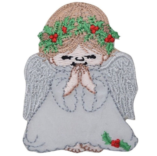 Angel Embroidered Patch — Praying, Christmas Holly, Religious Badge 2.5" — Iron On