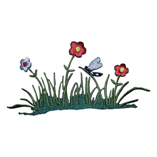 Dragonfly Embroidered Patch — Flowers, Tall Grass, Insect Badge 4.25" — Iron On