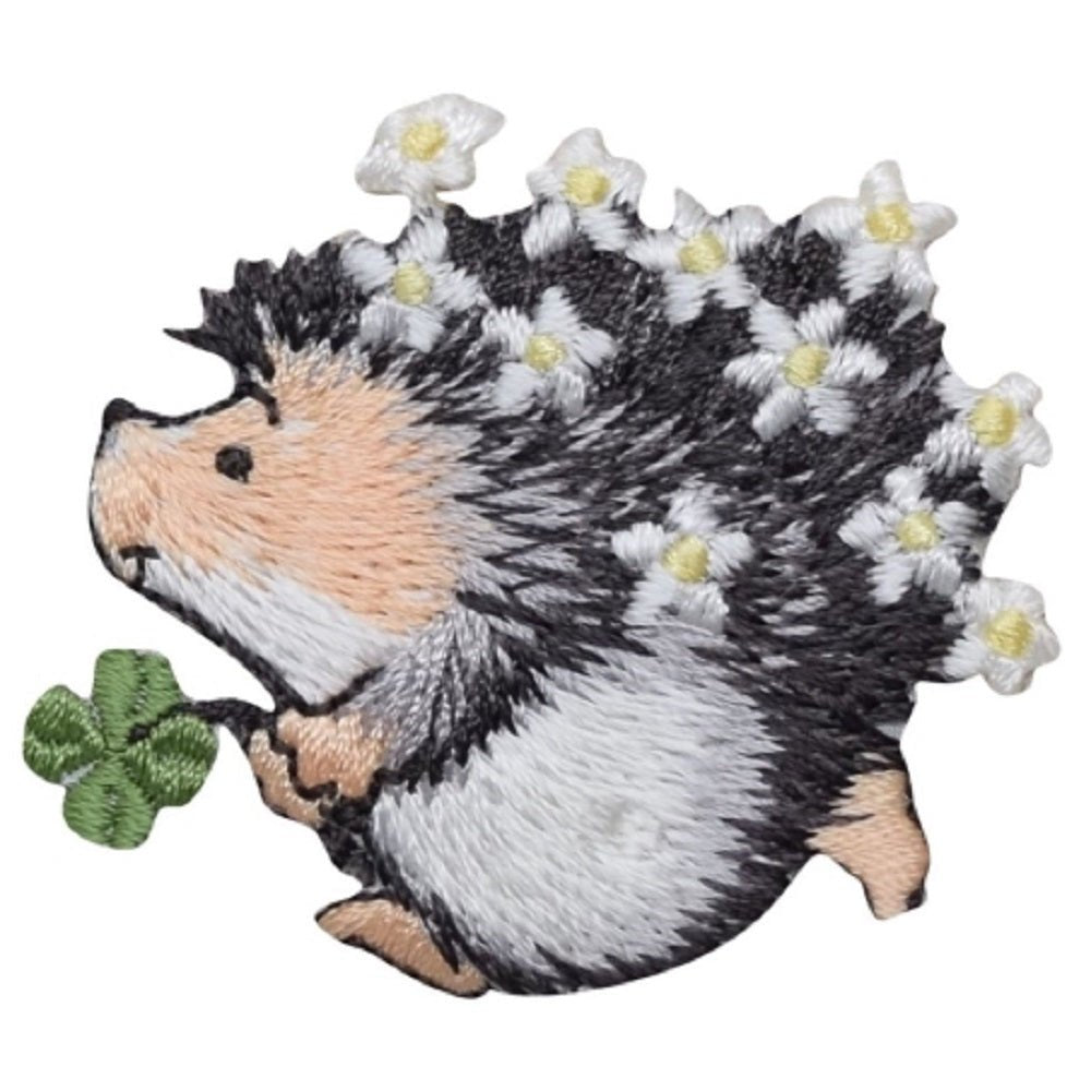 Hedgehog Holding Clover with Flowers Embroidered Patch — Iron On 2.25"