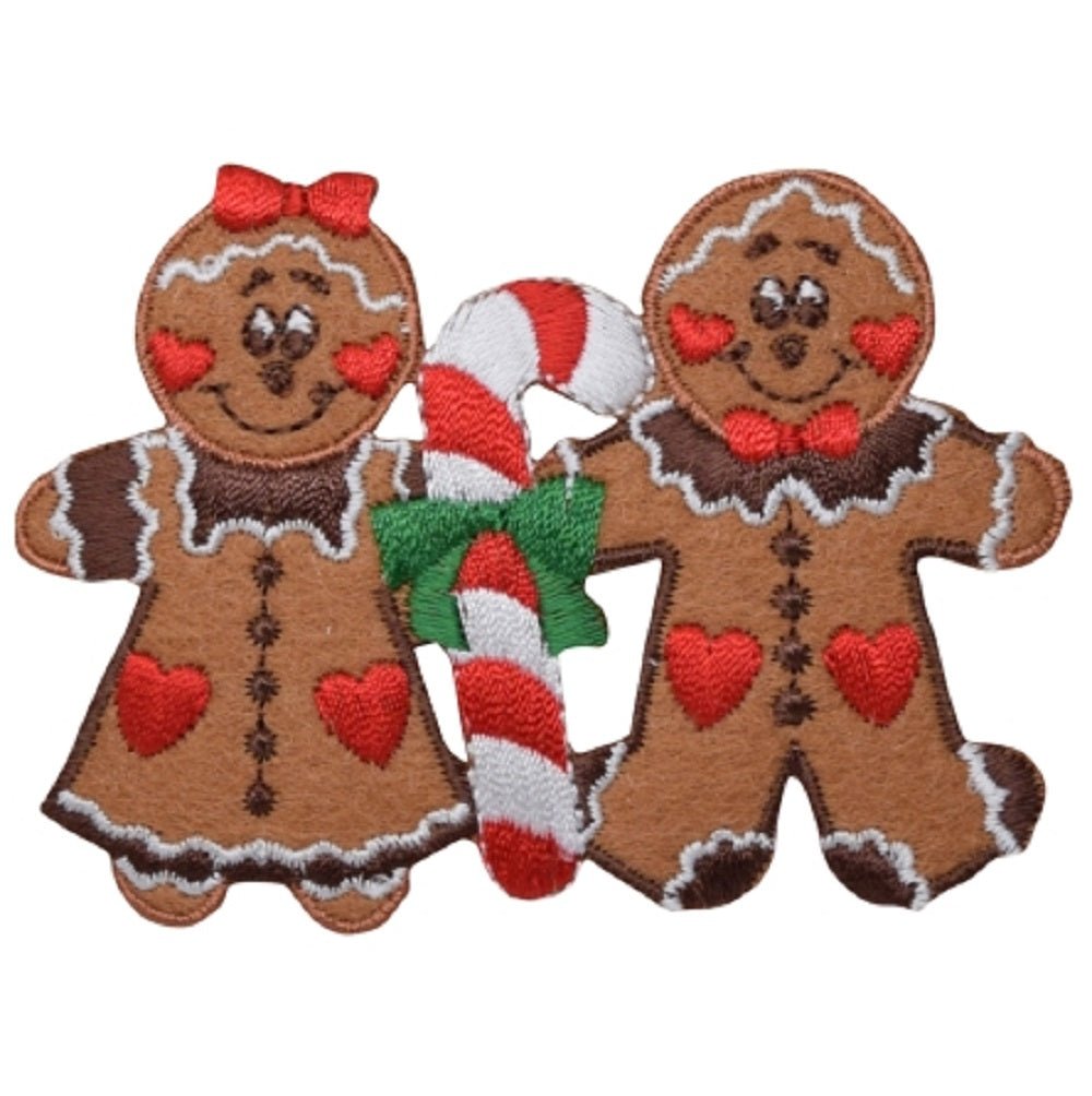 Gingerbread Couple with Candy Cane - Christmas Embroidered Patch — Iron On 3.25"