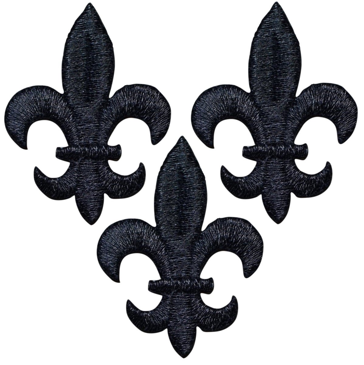 Three black fleur-de-lis embroidered patches