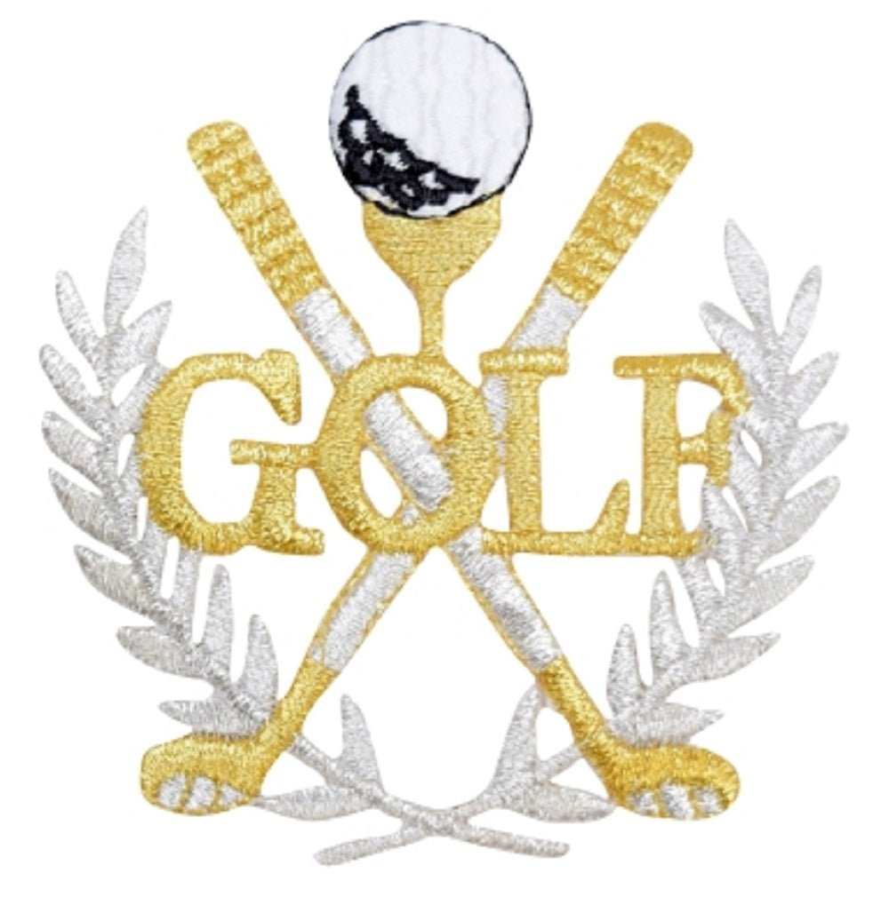 Golf Embroidered Patch — gold laurel wreath — Iron On 3"