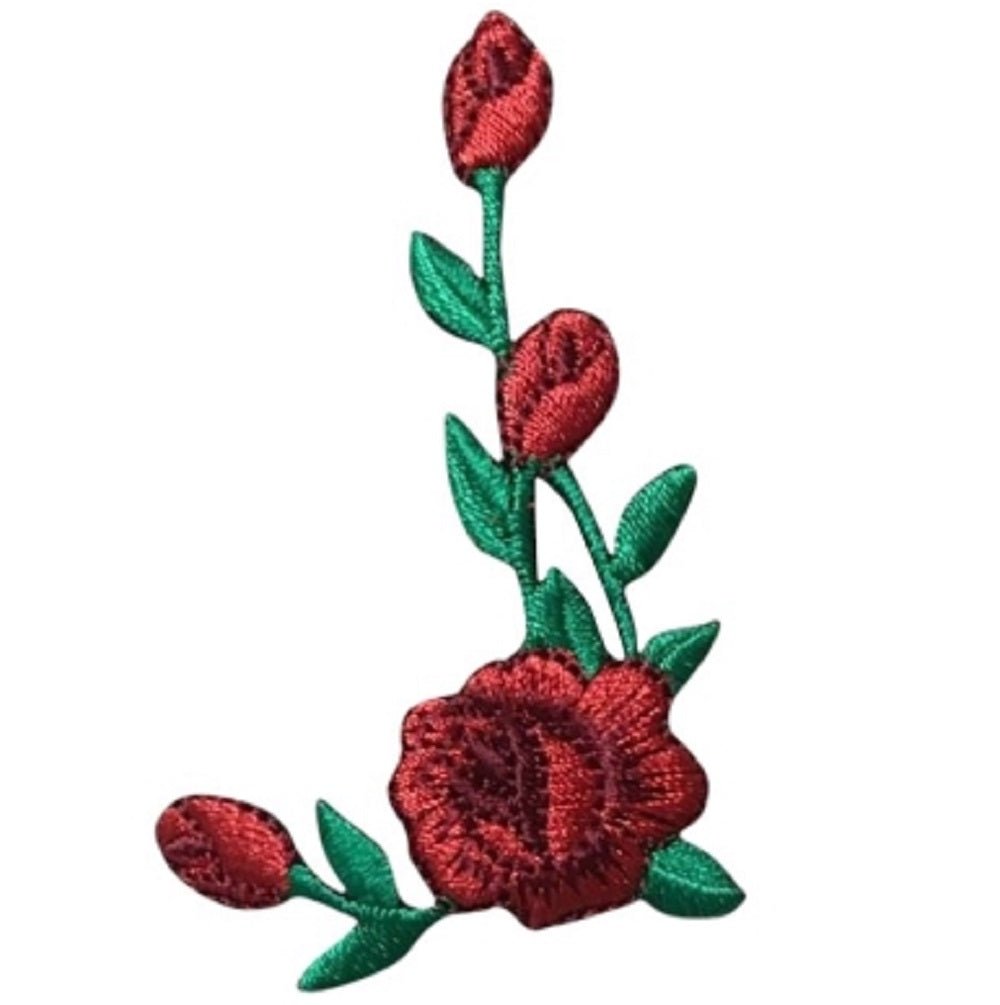 Red Rose Embroidered Patch — Facing Left, Flower Bloom Badge 2-3/8" — Iron On