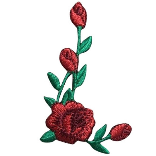 Red Rose Embroidered Patch — Facing Right, Flower Bloom Badge 2-3/8" — Iron On