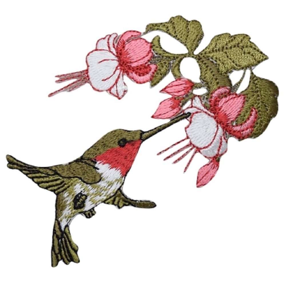Hummingbird Embroidered Patch — Pink/White Flowers, Bird Badge 3-5/8" — Iron On