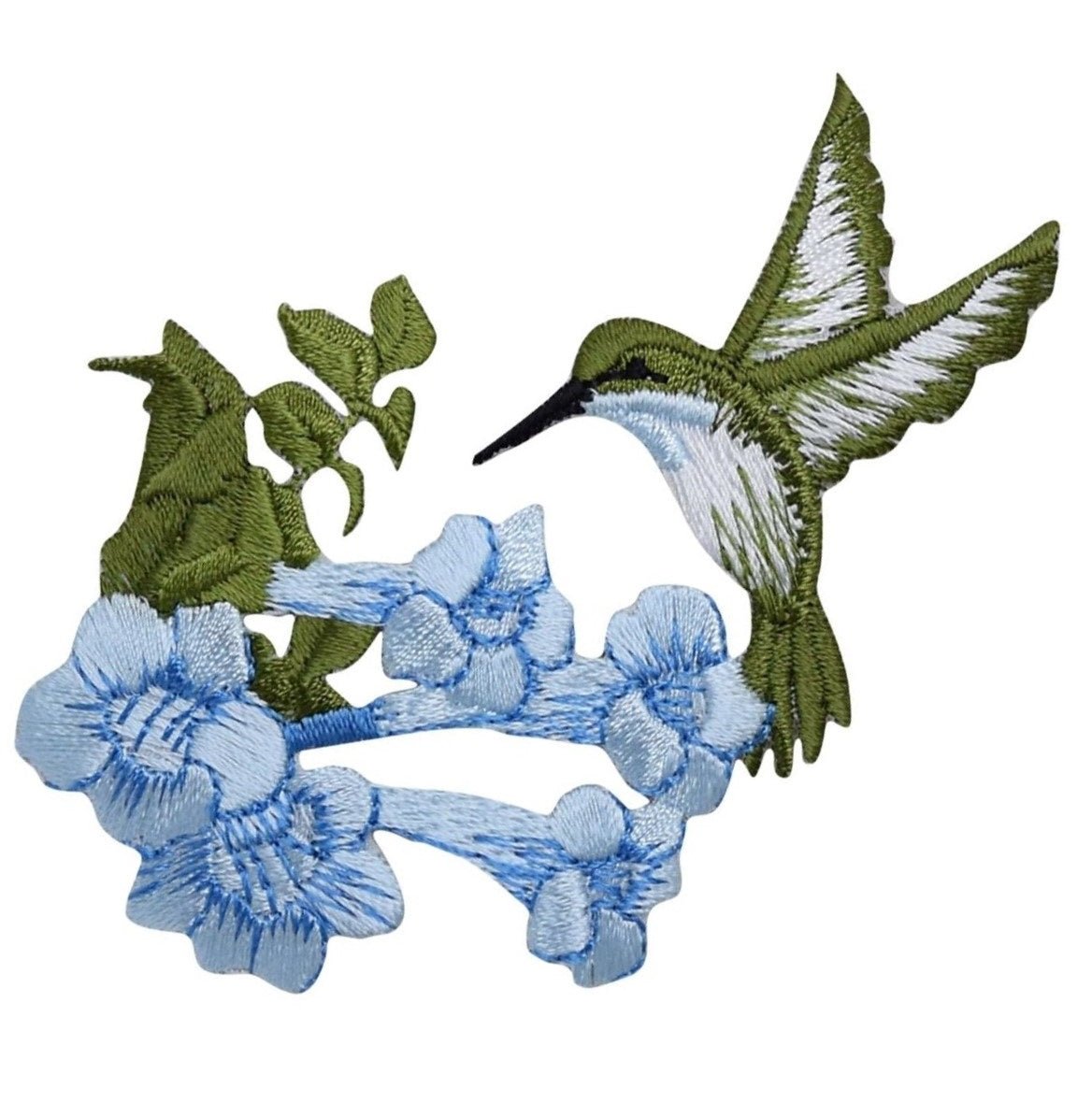 Hummingbird Embroidered Patch — Facing Left, Blue Flowers, Bird Badge 3.5" — Iron On
