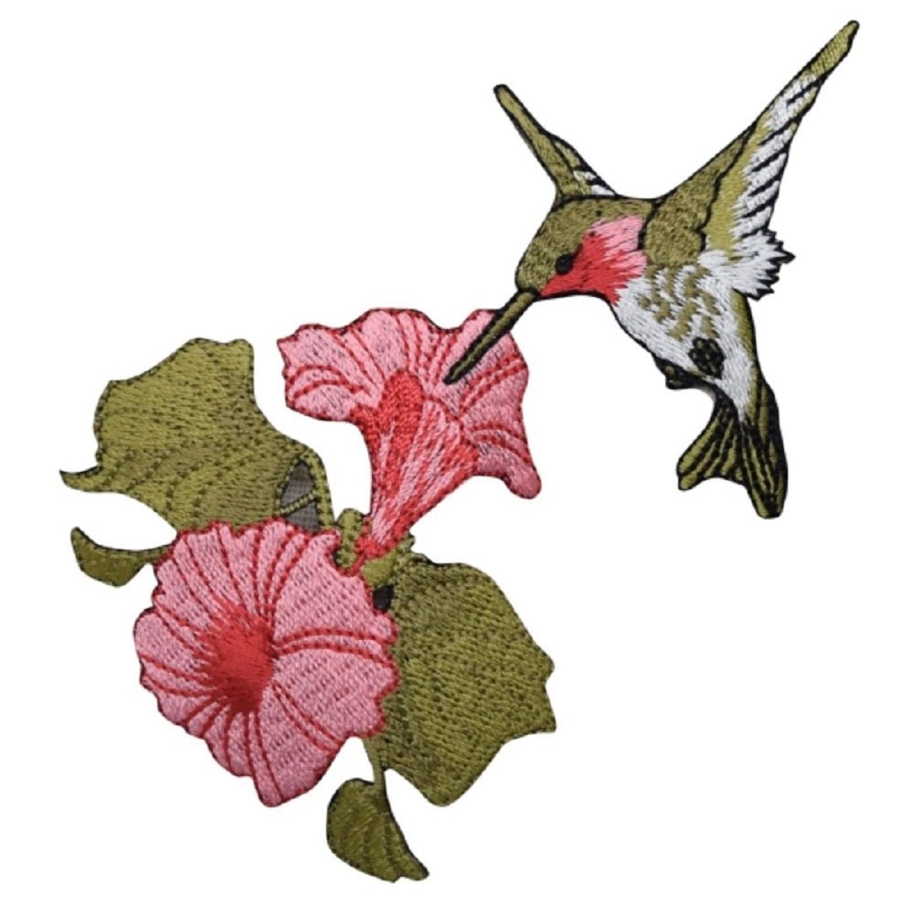 Hummingbird Embroidered Patch — Tropical Pink Flowers, Bird Badge 4.5" — Iron On