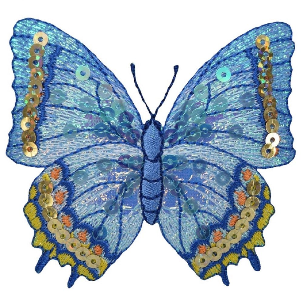 Butterfly Embroidered Patch — Sequin, Blue/Yellow Insect Badge 3-1/8" — Iron On