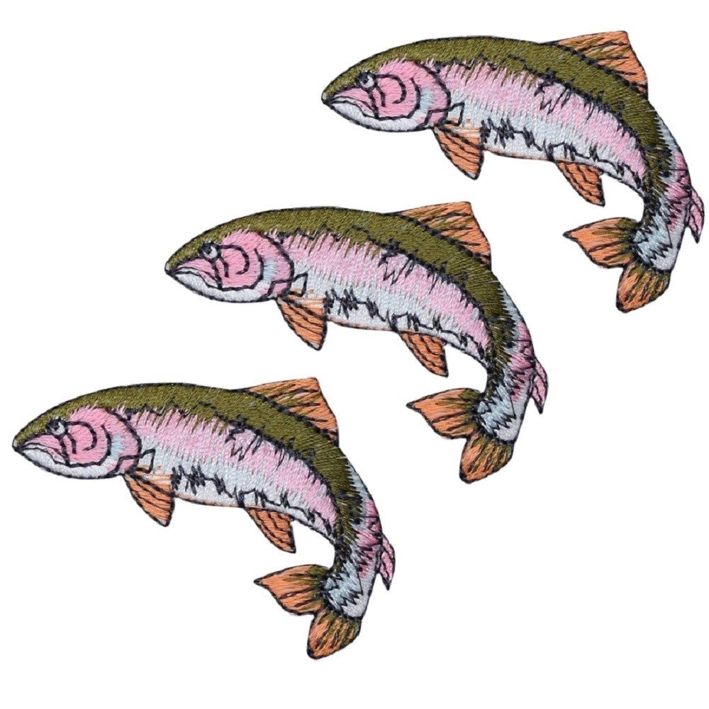 Fish Embroidered Patch — 3-Pack — Rainbow Trout, Facing Left, Fishing Badge 2-1/8" — Iron On