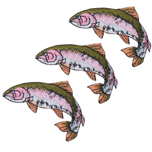 Fish Embroidered Patch — 3-Pack — Rainbow Trout, Facing Left, Fishing Badge 2-1/8" — Iron On