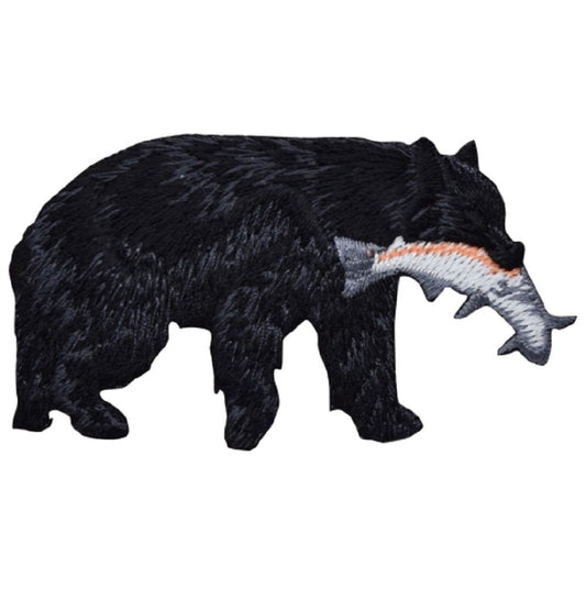 Bear Embroidered Patch — Salmon, Fish, Black Badge 3-1/8" — Iron On