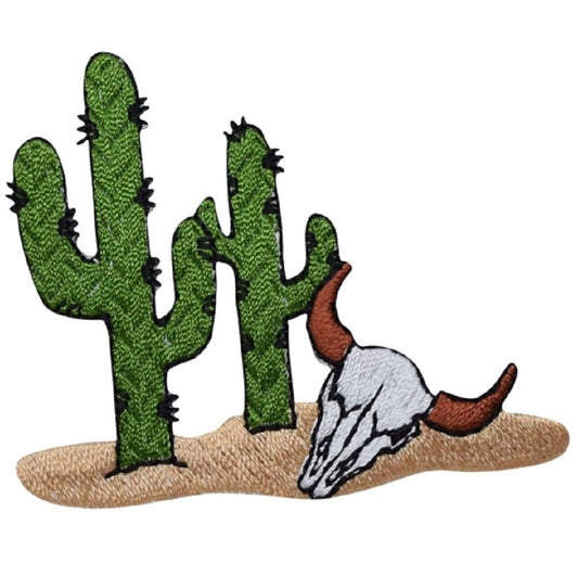 Cactus Embroidered Patch — Saguaro, Bull Skull, Western 2.75" — Iron On