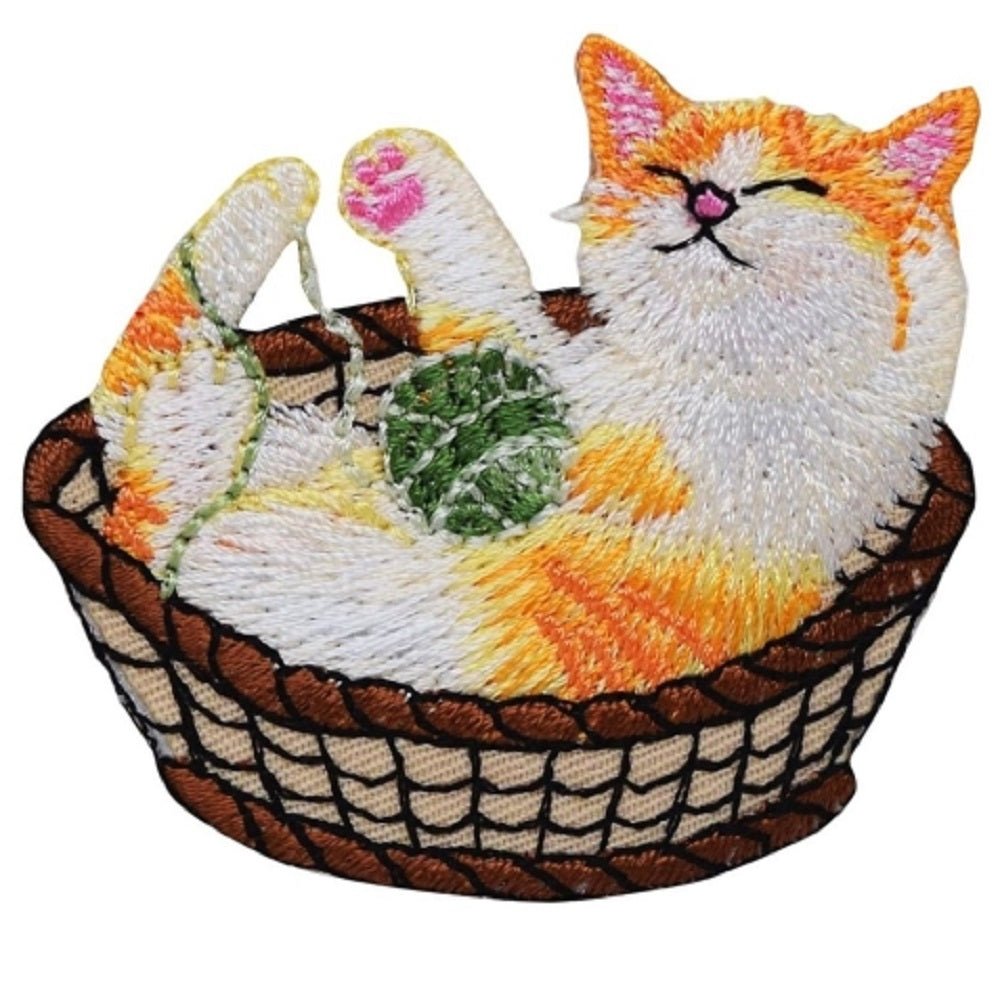 Kitty Cat Embroidered Patch — Kitten, Basket, Yarn 2-1/4" — Iron On