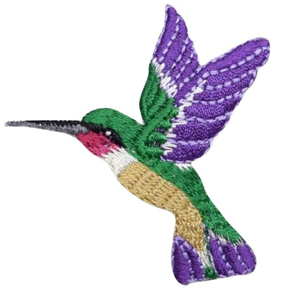 Hummingbird Embroidered Patch — Facing Left, Purple, Green, Bird Badge 2-1/8" — Iron On