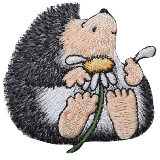 Hedgehog with Daisy Flower Embroidered Patch — Iron On 2.25"