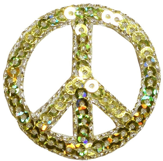 Peace Sign Embroidered Patch — Sequin, Gold Hippie Badge 1.5" — Iron On