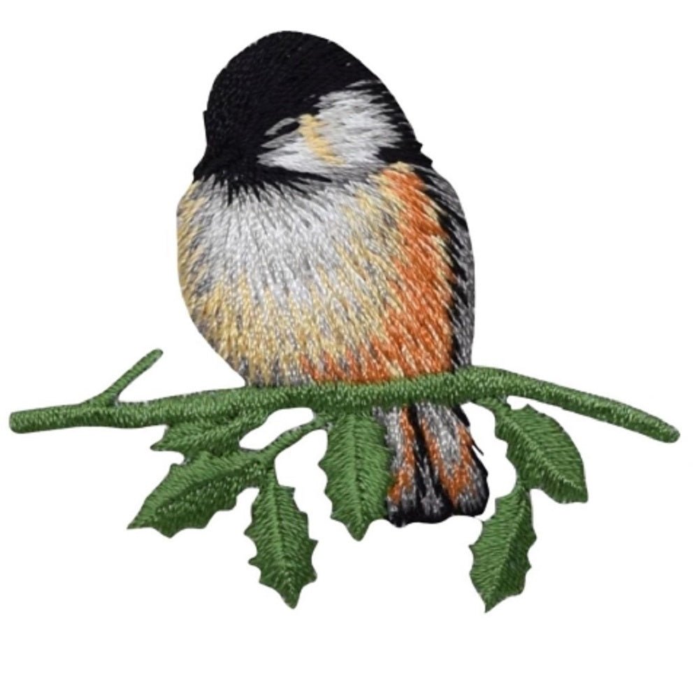 Chickadee Bird Embroidered Patch — Branch, Leaves 2.5" — Iron On