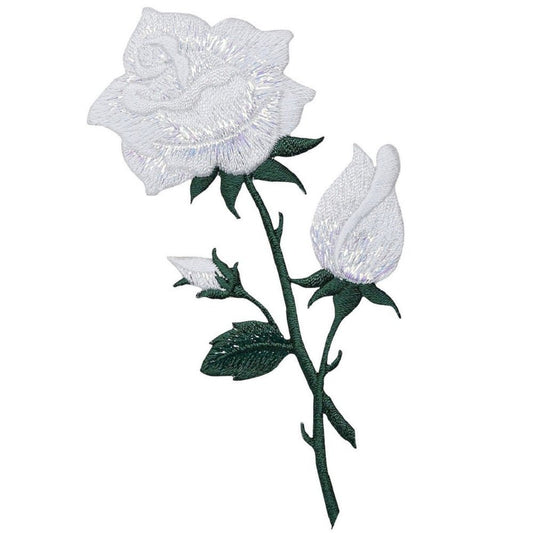 White Rose Embroidered Patch — Flower, Love Badge 4.75" — Iron On