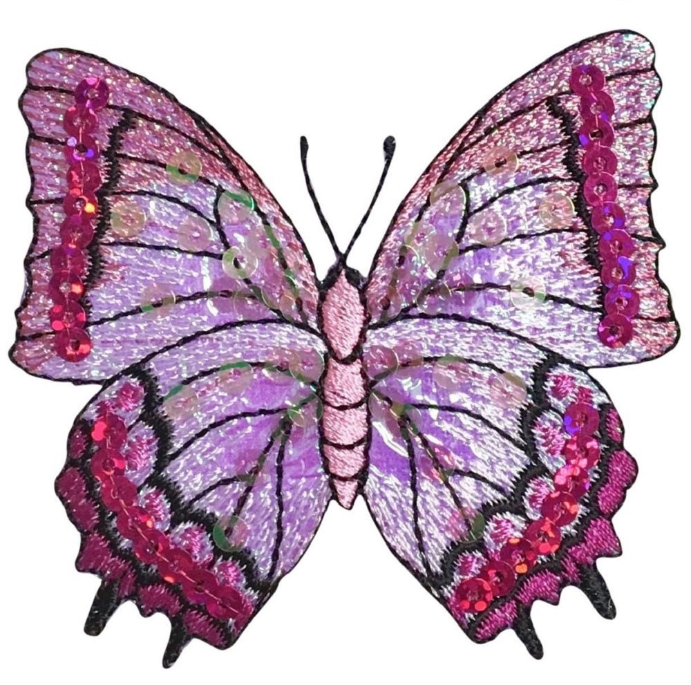 Butterfly Embroidered Patch — Sequin, Pink/Fuchsia Insect Badge 3-1/8" — Iron On