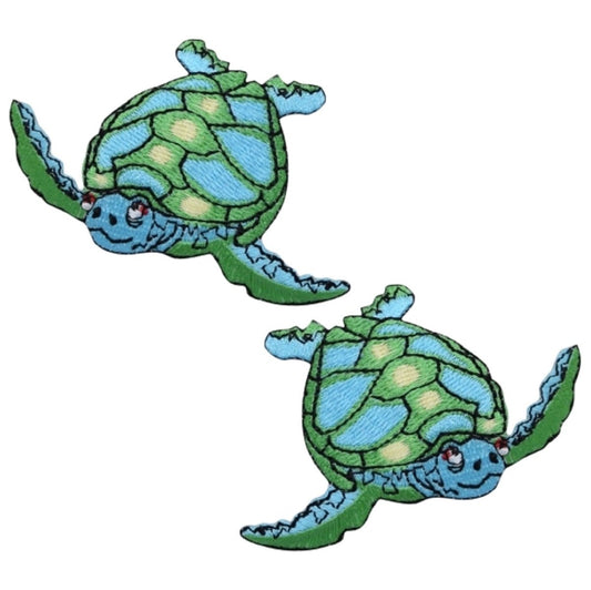 Sea Turtle Embroidered Patch Set — 2-pack — Iron On 2-5/8"