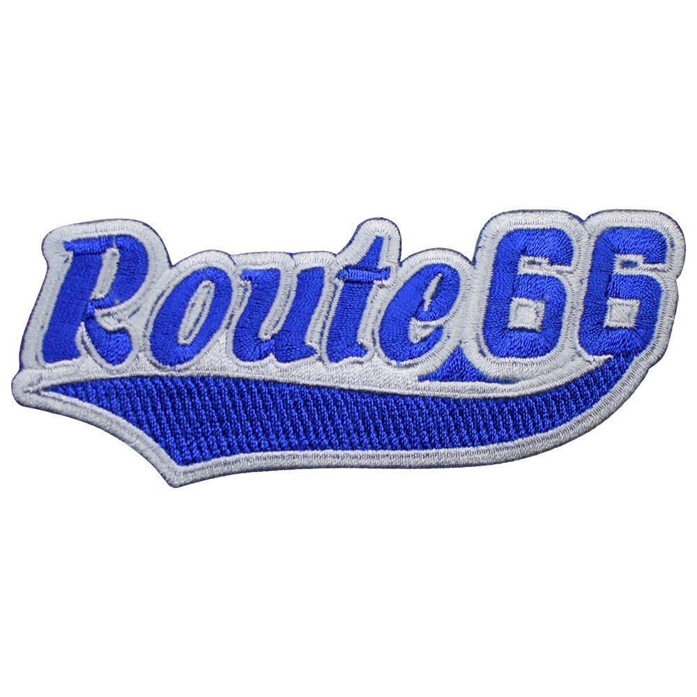 Route 66 Embroidered Patch — Blue/White Rt. 66 Script Badge 4-7/8" — Iron On