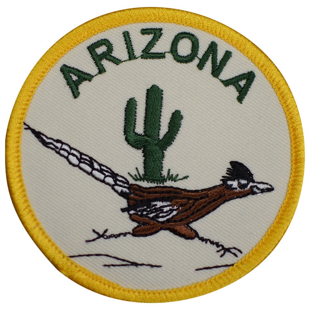 Arizona roadrunner and cactus embroidered iron-on patch, 3-inch diameter