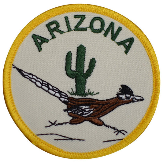 Arizona roadrunner and cactus embroidered iron-on patch, 3-inch diameter