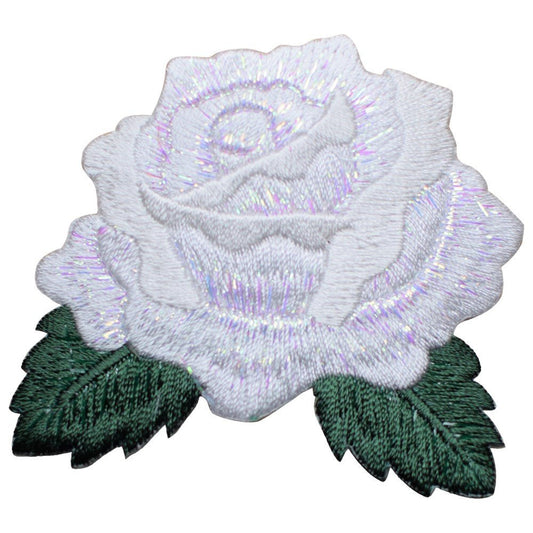 White Rose Embroidered Patch — Leaves Flower Bud Gardening Badge 2-5/8" — Iron On