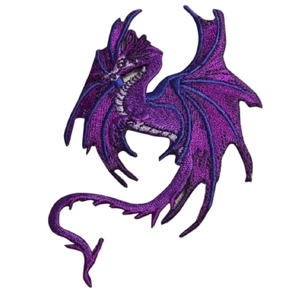 Fantasy Dragon Embroidered Patch — Facing Left, Purple, Good Luck, Power, Strength 4" — Iron On
