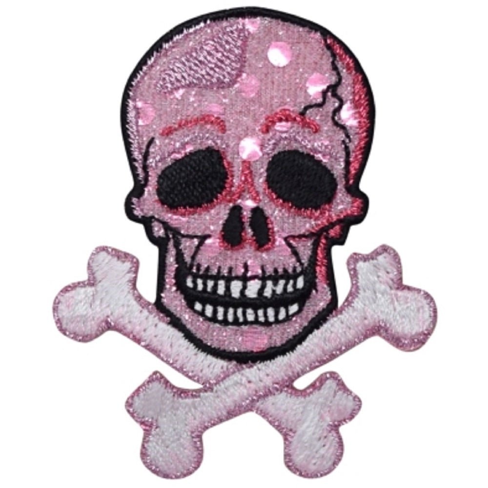 Skull Crossbones Embroidered Patch, Pink — Iron On 2.75"