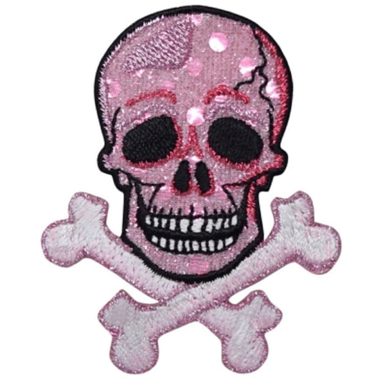Skull Crossbones Embroidered Patch, Pink — Iron On 2.75"