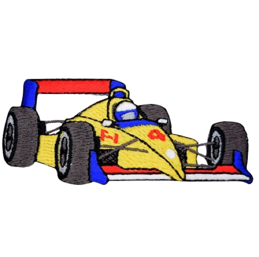 Racecar Embroidered Patch — yellow f 1 race car — Iron On 3.5"
