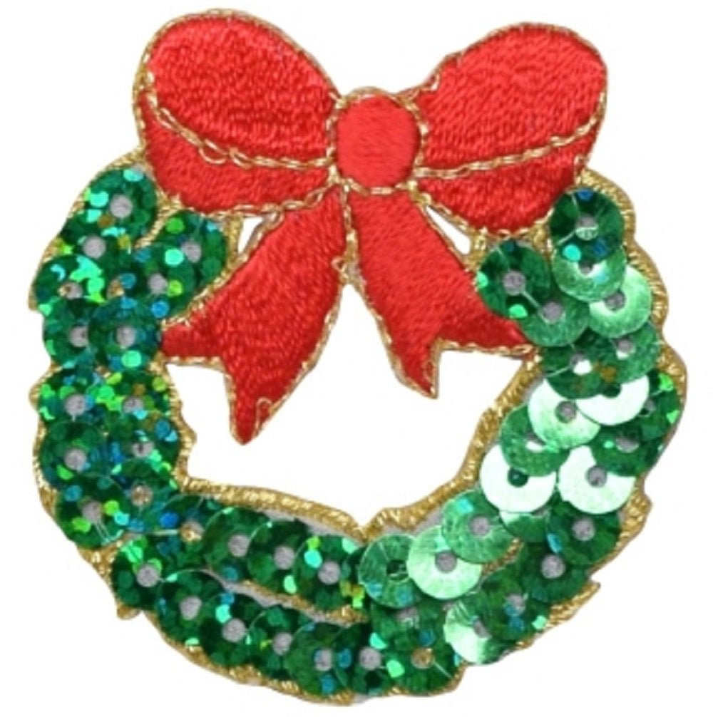 Christmas Wreath Embroidered Patch — Sequin Holiday Badge 1-7/8" — Iron On