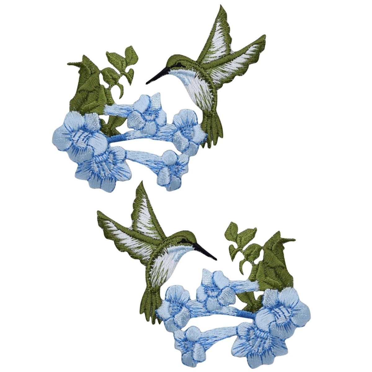 Hummingbird Embroidered Patch — Blue Flowers 3.5" — 2-Pack — Iron On