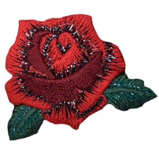 Red Rose Embroidered Patch — Leaves Flower Bud Gardening Badge 1-7/8" — Iron On