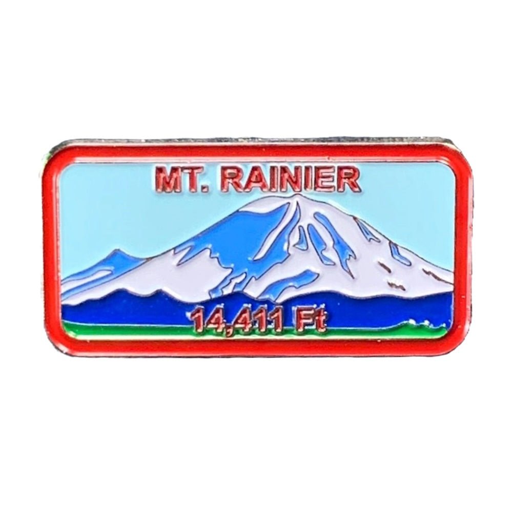 Mount Rainier cast metal and enamel pin with a red border, mountain scene and 14,411 FT lettering.